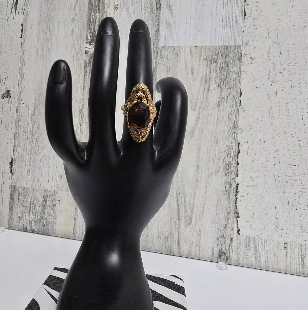 Elegant Gold Tone Amber Stone Women's Pinky Ring Size 3